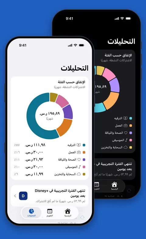 التحليلات في Renew مع الإنفاق حسب الفئة في الوضعين الفاتح والداكن