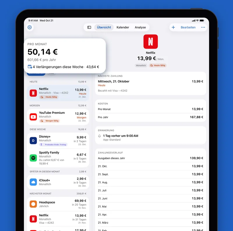 Renew auf dem iPad mit Liste und Details nebeneinander