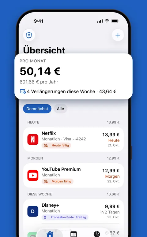Die Übersicht von Renew mit der monatlichen Summe und anstehenden Verlängerungen