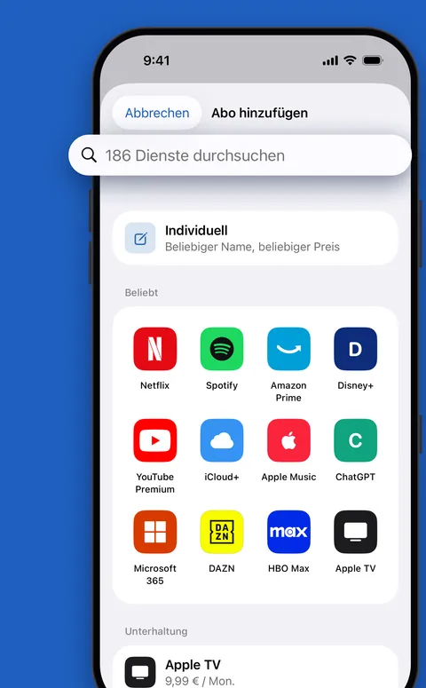 Ein Abo aus dem Katalog beliebter Dienste in Renew hinzufügen