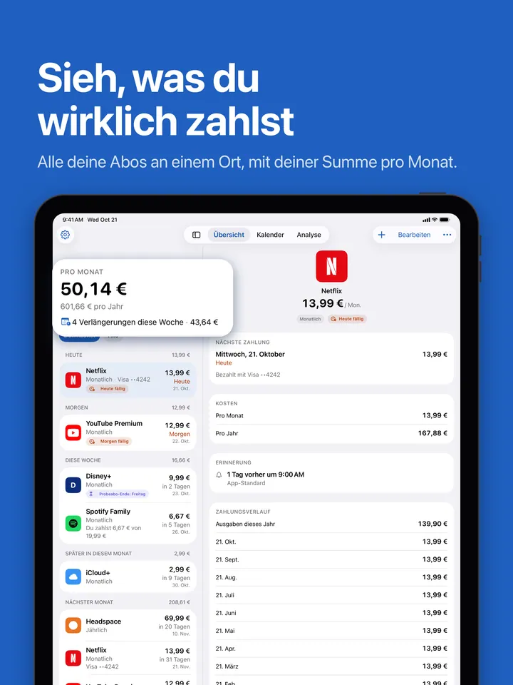 Übersicht auf dem iPad: die monatliche Summe und anstehende Verlängerungen