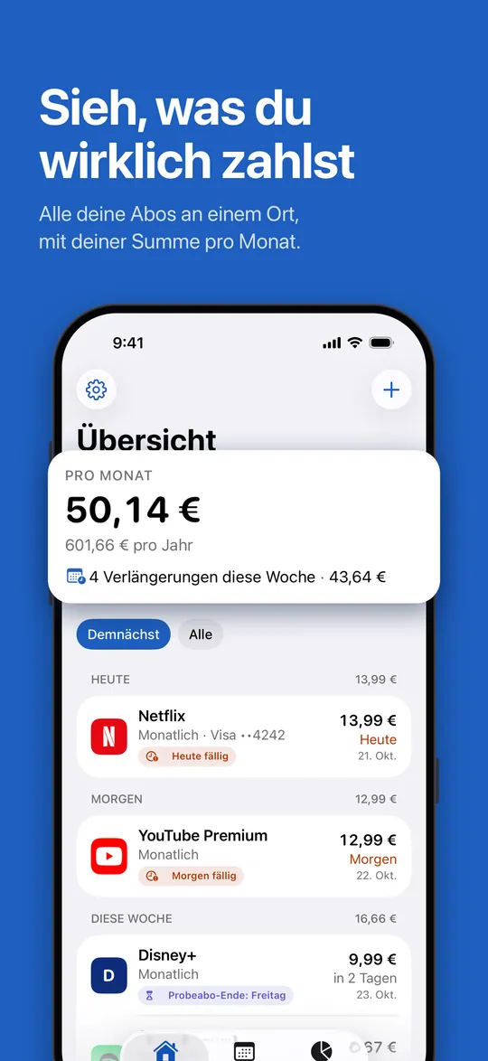 Übersicht: die monatliche Summe und anstehende Verlängerungen