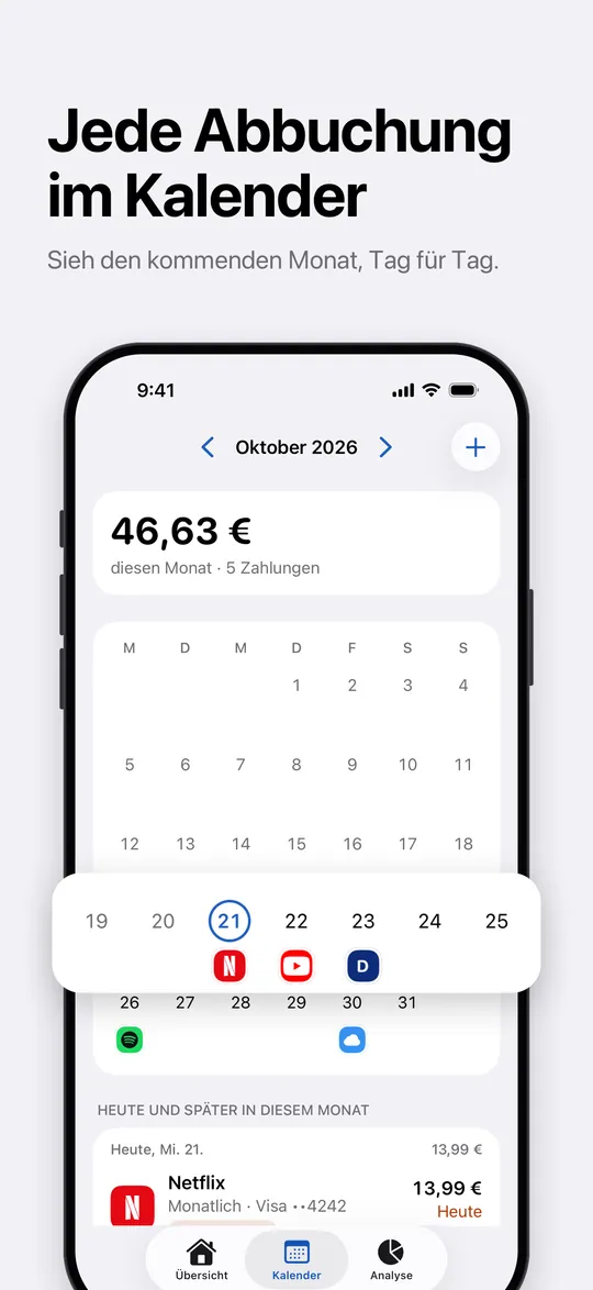 Der Kalender mit jeder Abbuchung des Monats