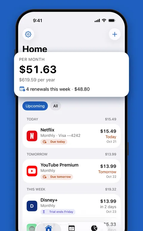 Renew's Home screen with the monthly total and upcoming renewals