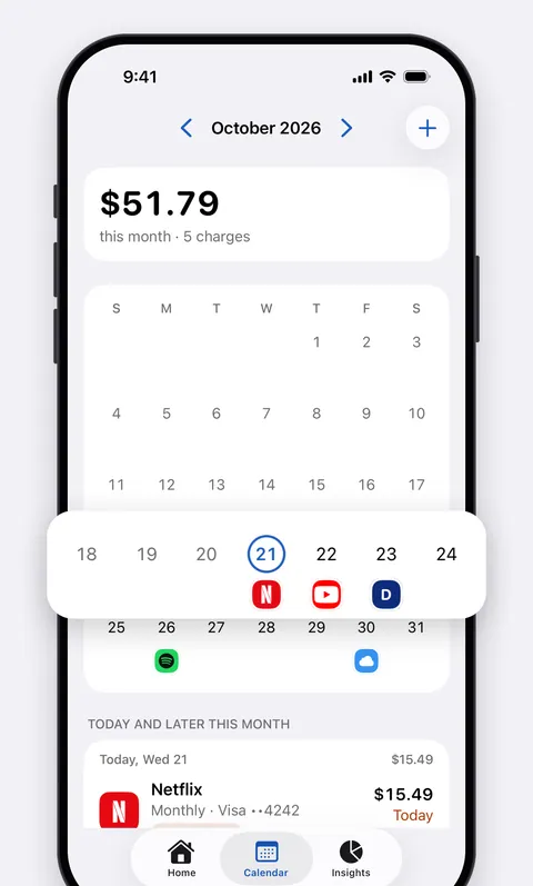 Renew's calendar showing each charge of the month