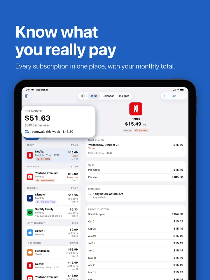 Home on iPad: the monthly total and upcoming renewals
