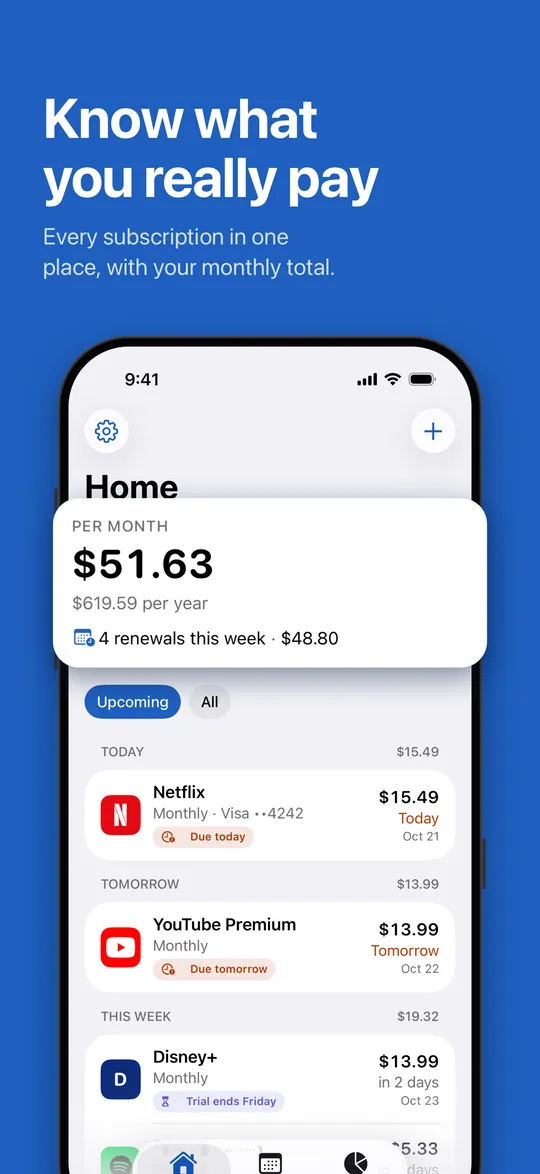 Home: the monthly total and upcoming renewals
