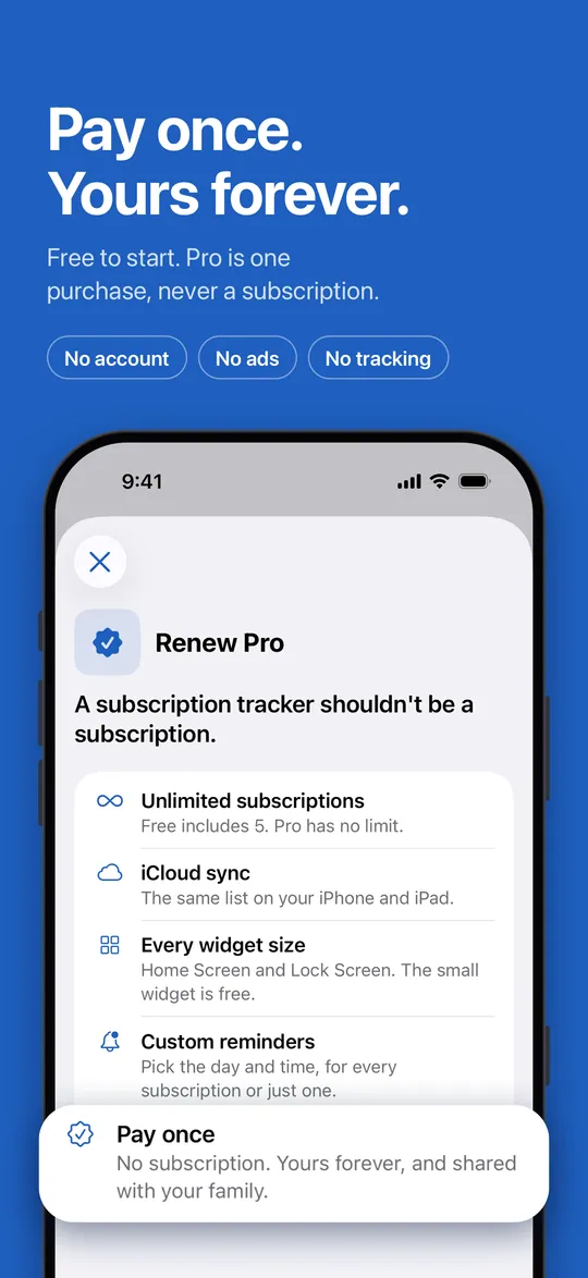 Renew Pro: one purchase, no subscription