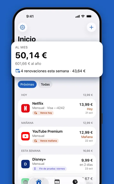 Pantalla Inicio de Renew con el total mensual y las próximas renovaciones