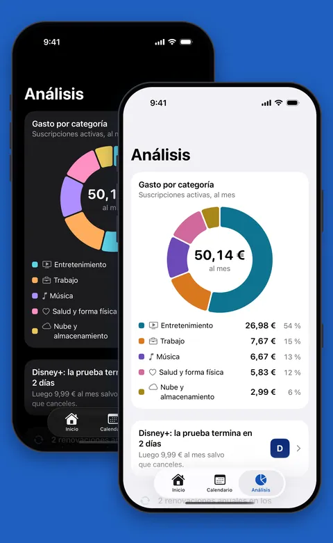Análisis de Renew con el gasto por categoría en modo claro y oscuro