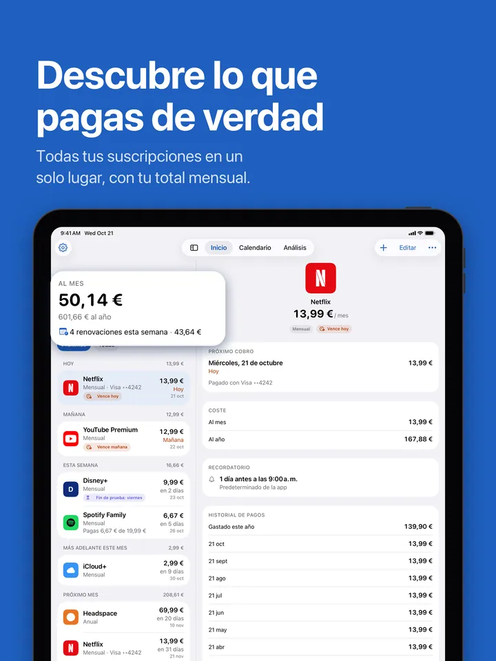 Inicio en el iPad: el total mensual y las próximas renovaciones