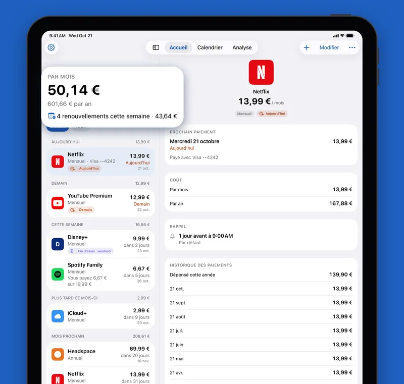 Renew sur iPad avec la liste et les détails côte à côte
