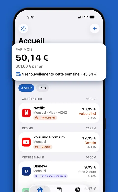 L’écran Accueil de Renew avec le total mensuel et les prochains renouvellements