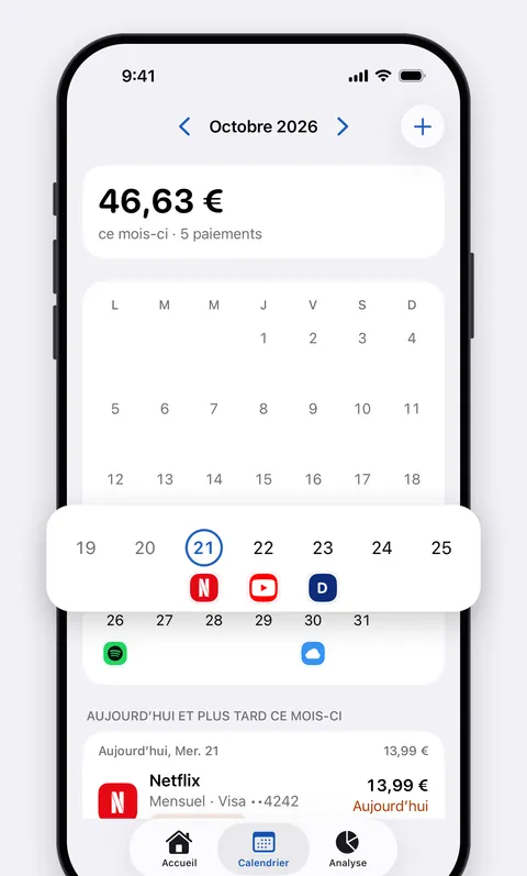 Le calendrier de Renew avec chaque paiement du mois