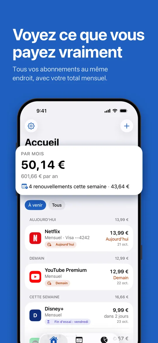 Accueil : le total mensuel et les prochains renouvellements