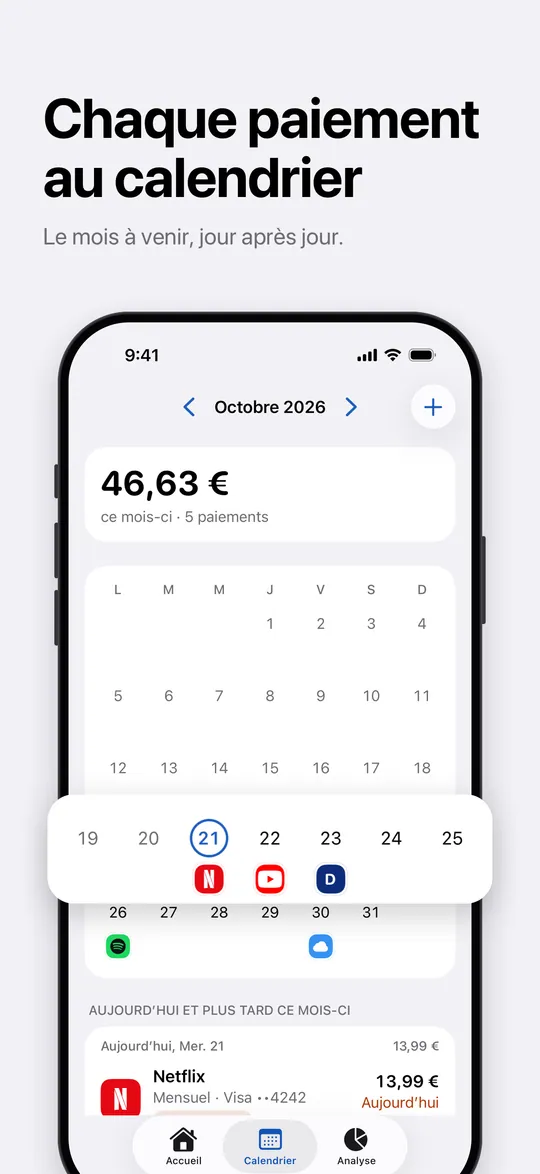 Le calendrier avec chaque paiement du mois