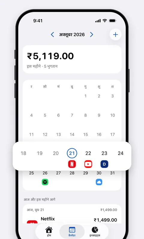 Renew का कैलेंडर, जिसमें महीने का हर भुगतान दिखता है