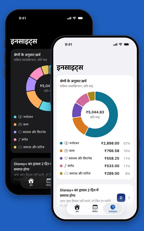 लाइट और डार्क मोड में Renew की इनसाइट्स, श्रेणी के अनुसार ख़र्च के साथ