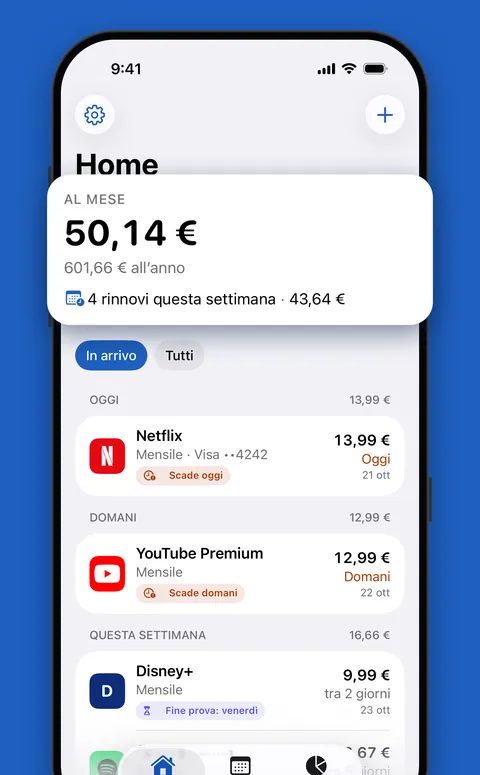 La schermata Home di Renew con il totale mensile e i prossimi rinnovi
