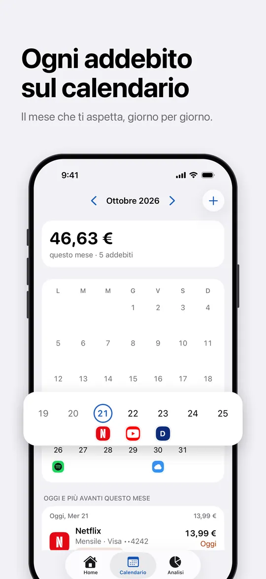 Il calendario con ogni addebito del mese