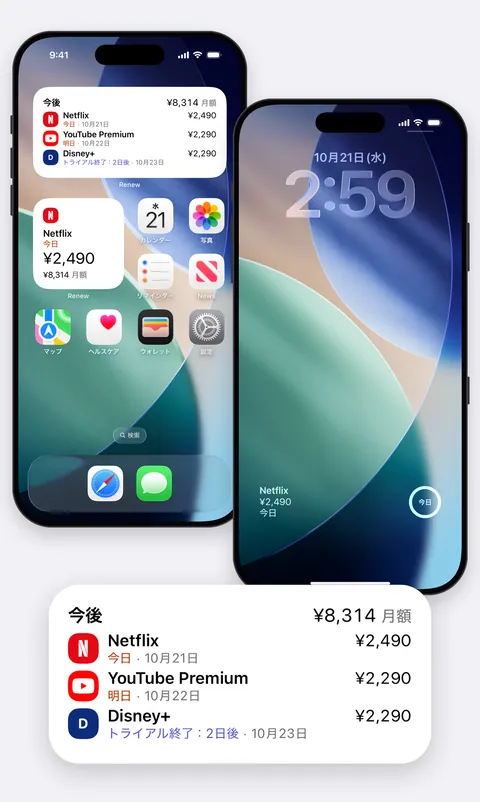 ホーム画面とロック画面に配置したRenewのウィジェット