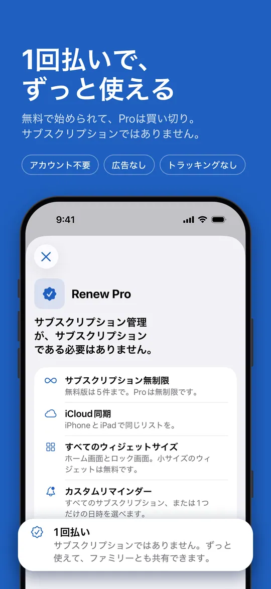 Renew Pro：1回の購入で、サブスクリプションではありません
