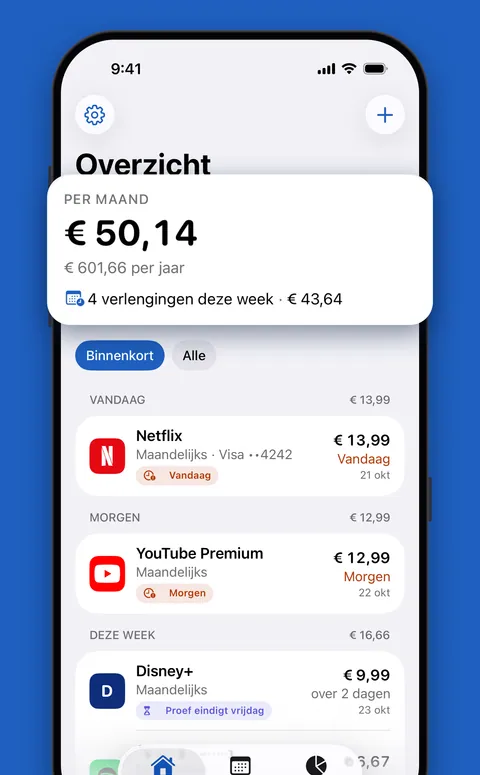 Het scherm Overzicht van Renew met het maandtotaal en de komende verlengingen
