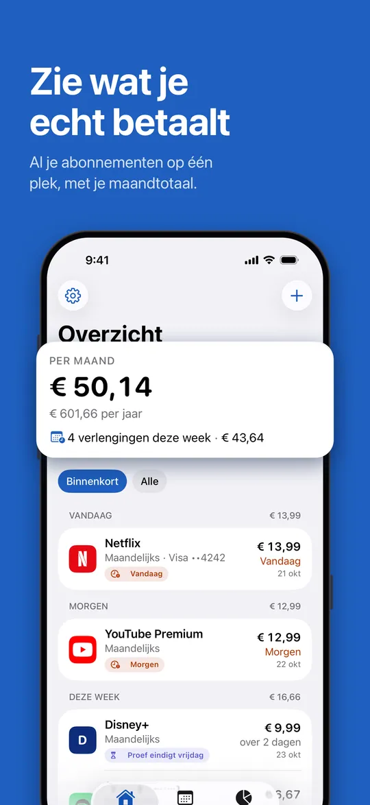 Overzicht: het maandtotaal en de komende verlengingen