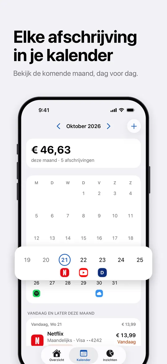 De kalender met elke afschrijving van de maand