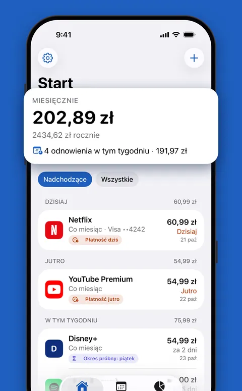 Karta Start w Renew z miesięczną sumą i nadchodzącymi odnowieniami