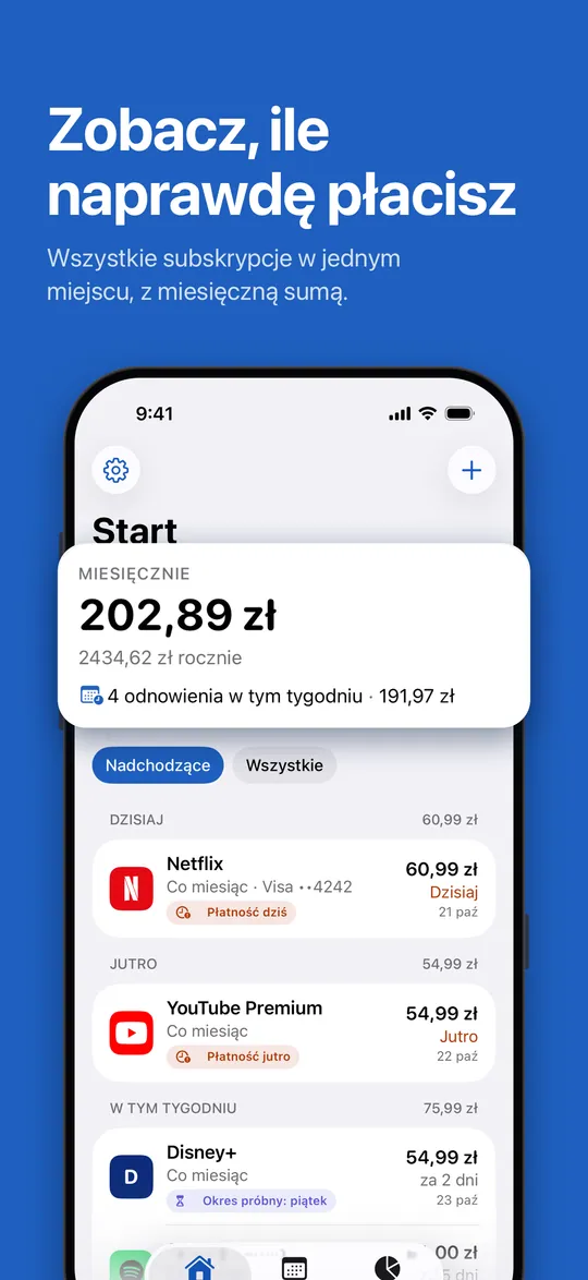 Start: miesięczna suma i nadchodzące odnowienia