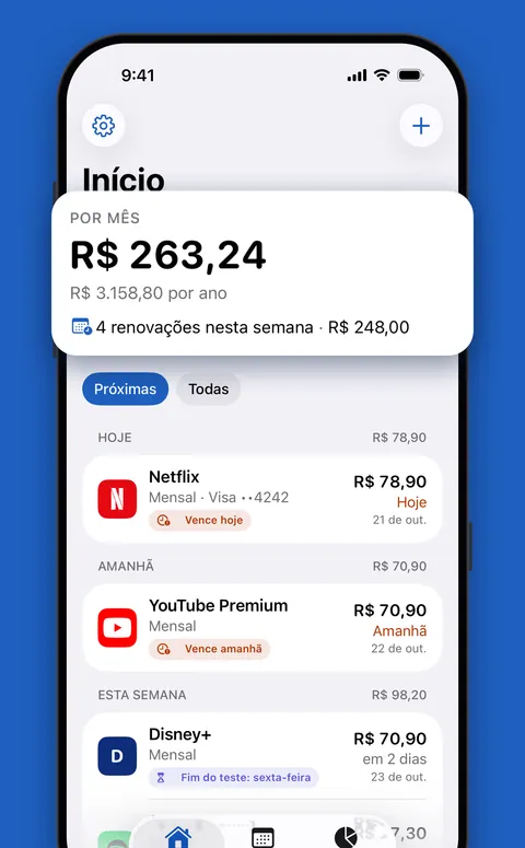 Tela Início do Renew com o total mensal e as próximas renovações