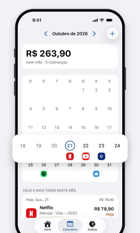 Calendário do Renew mostrando cada cobrança do mês