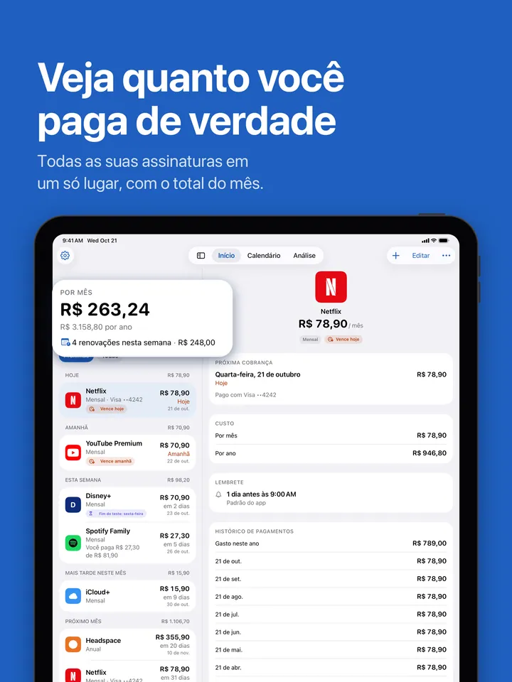 Início no iPad: o total mensal e as próximas renovações
