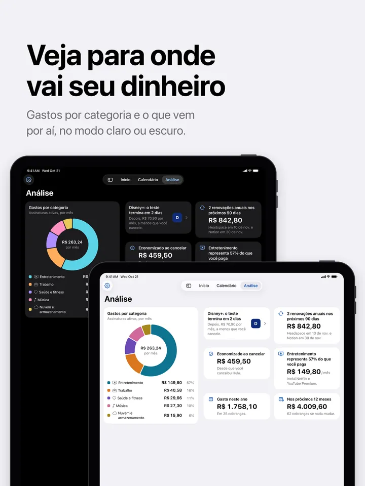 Análise no iPad no modo claro e escuro