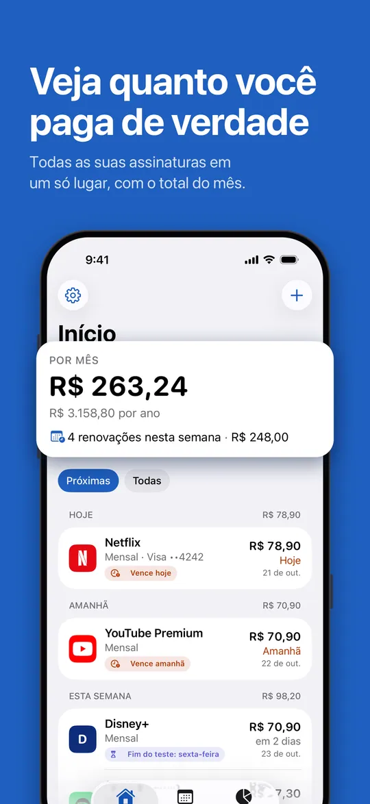 Início: o total mensal e as próximas renovações