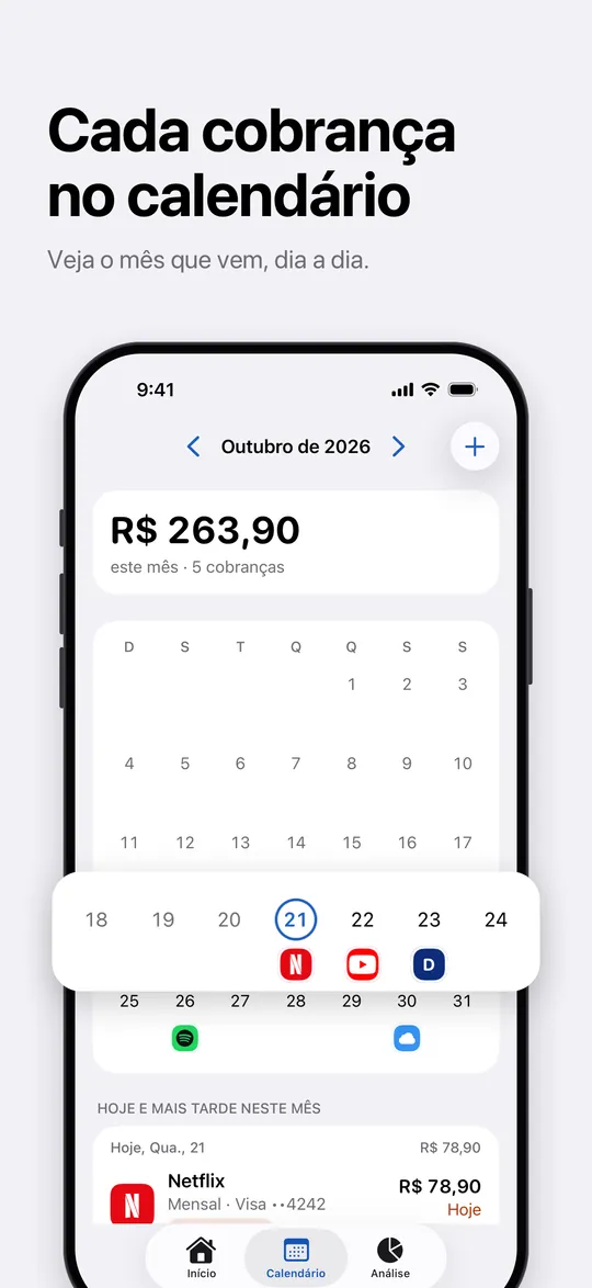 O calendário com cada cobrança do mês