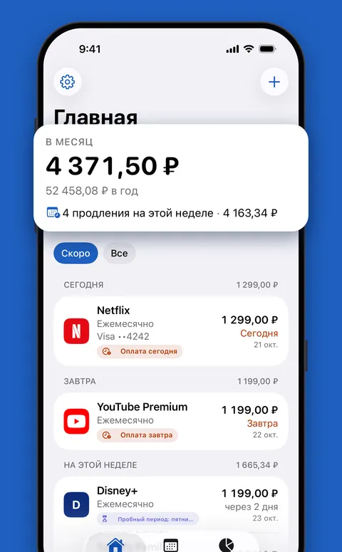Вкладка «Главная» в Renew с итогом за месяц и ближайшими продлениями