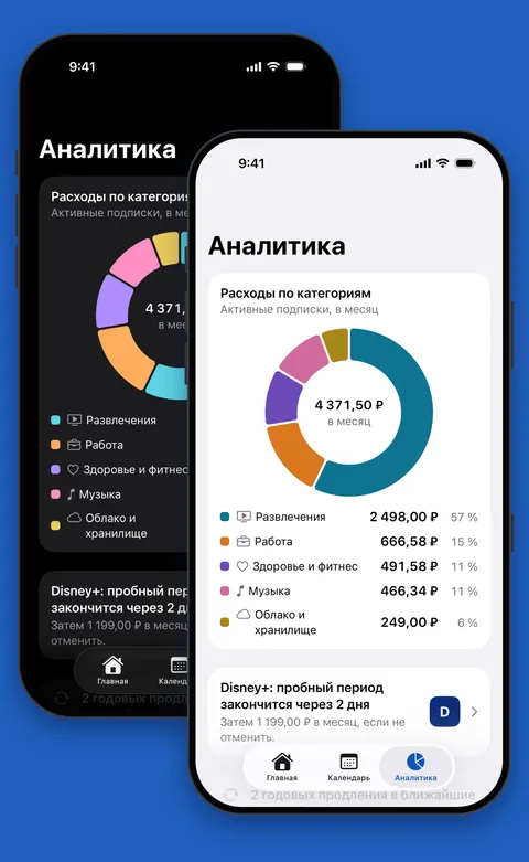 Аналитика Renew с расходами по категориям в светлом и темном оформлении