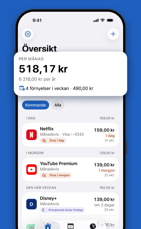 Renews Översikt med månadssumman och kommande förnyelser