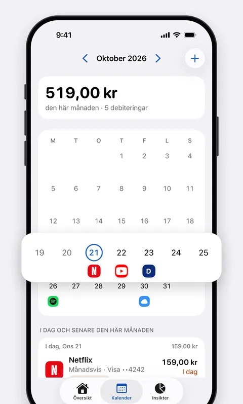Renews kalender med månadens alla debiteringar