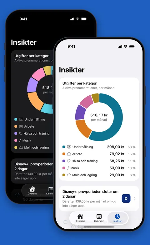 Insikter i Renew med utgifter per kategori i ljust och mörkt läge
