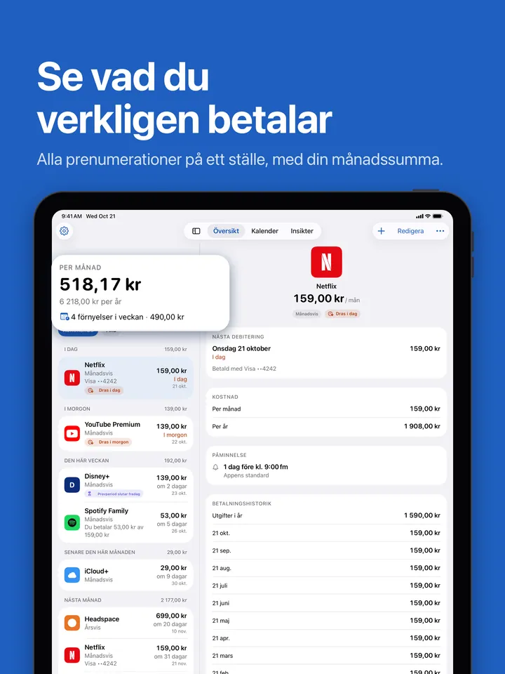 Översikt på iPad: månadssumman och kommande förnyelser