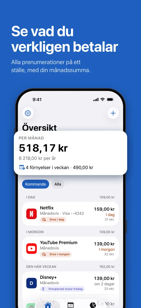 Översikt: månadssumman och kommande förnyelser