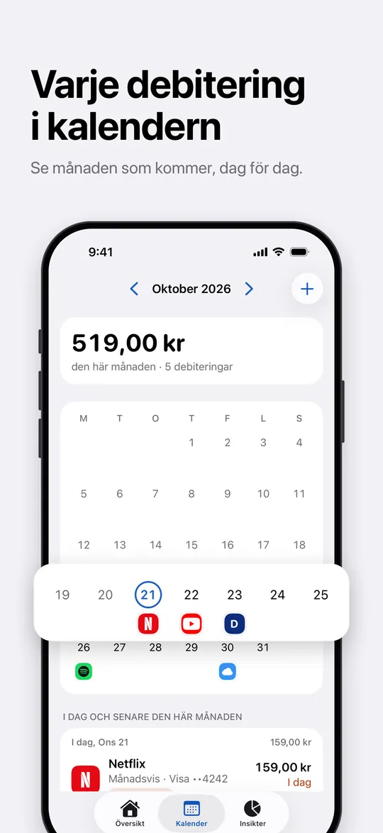 Kalendern med månadens alla debiteringar