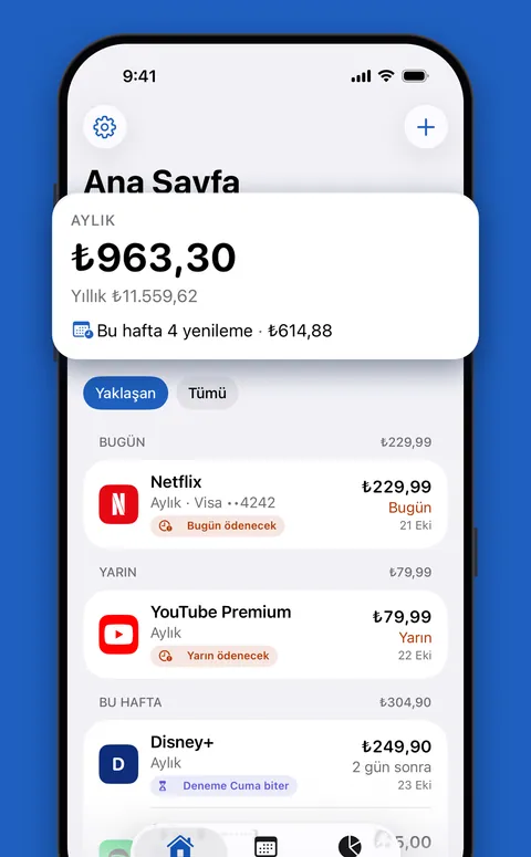 Renew'un Ana Sayfa ekranı: aylık toplam ve yaklaşan yenilemeler