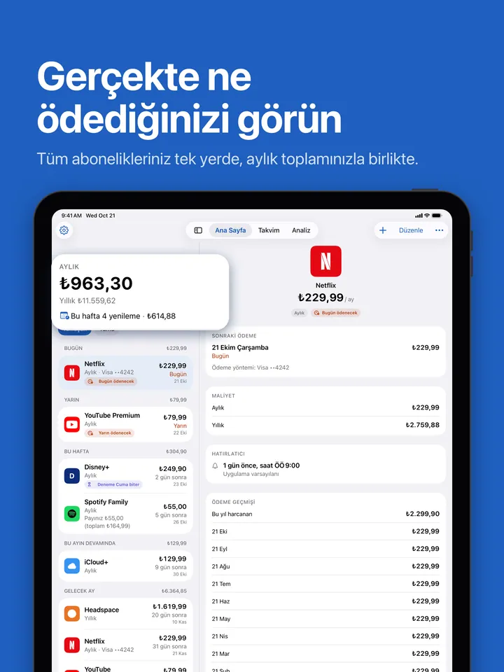 iPad'de Ana Sayfa: aylık toplam ve yaklaşan yenilemeler