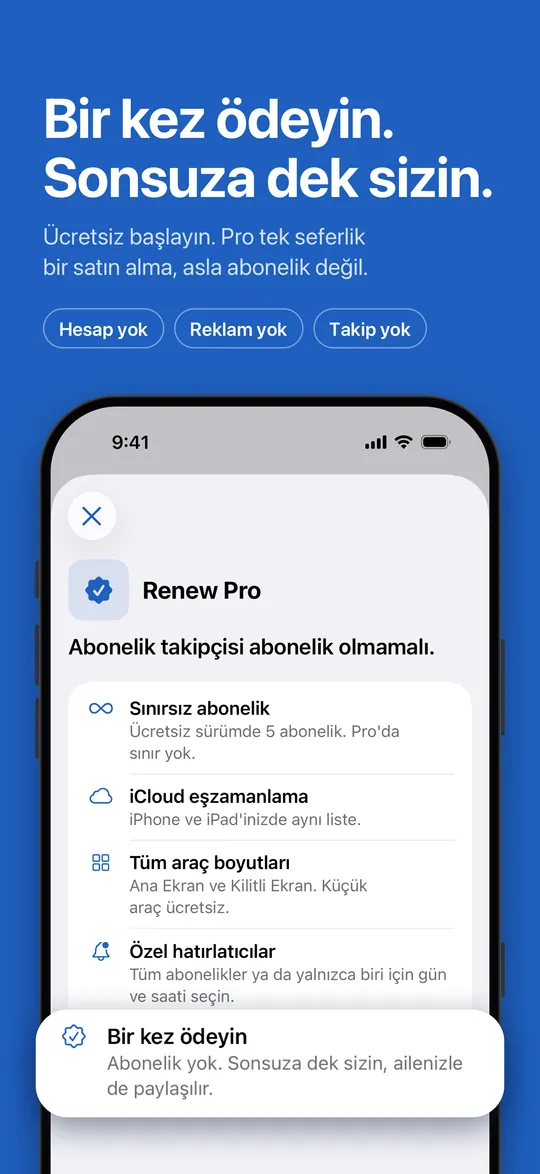 Renew Pro: tek satın alma, abonelik yok