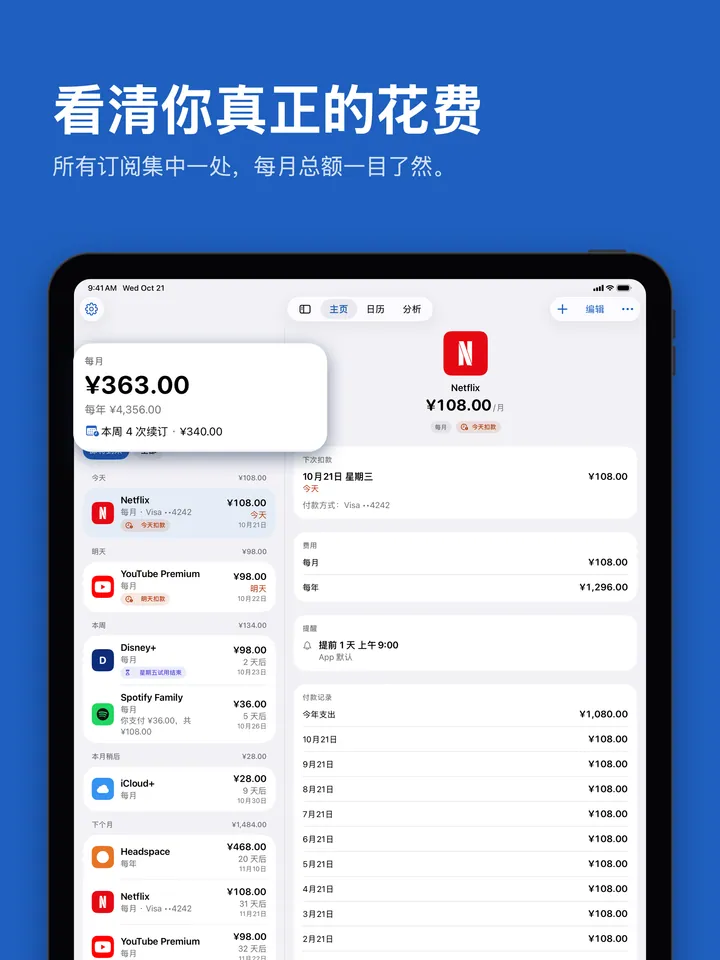 iPad 上的主页：每月总额和即将到来的续订